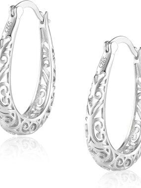 Silver Post Filigree Hoop Earrings for Women Hollow Oval Hoop Earrings